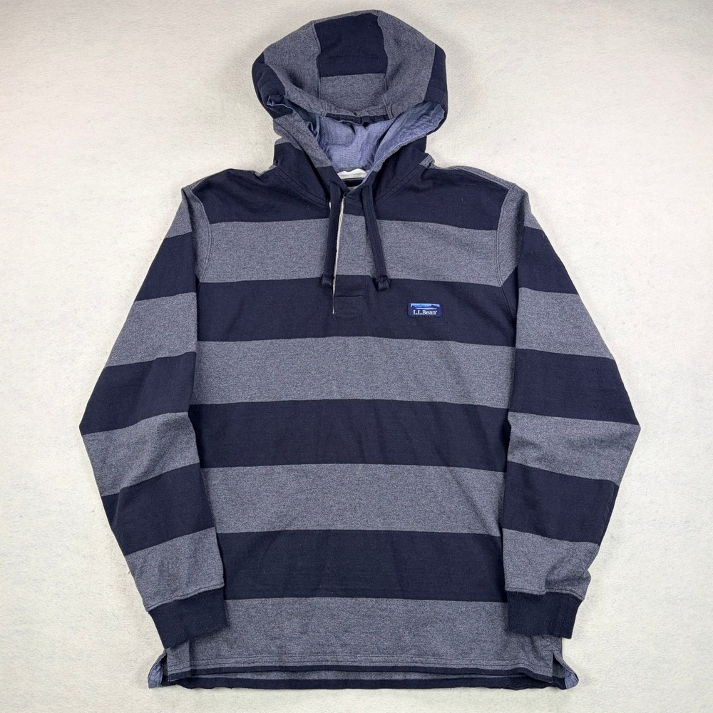 LL Bean Mens M Traditional Fit Striped Hooded Rugby Shirt Black Gray Long Sleeve